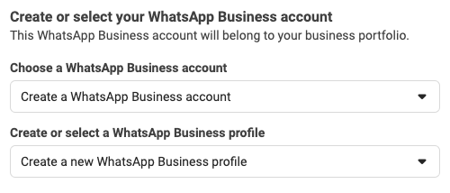 Fields to specify if you're choosing or creating a WhatsApp Business account and profile.