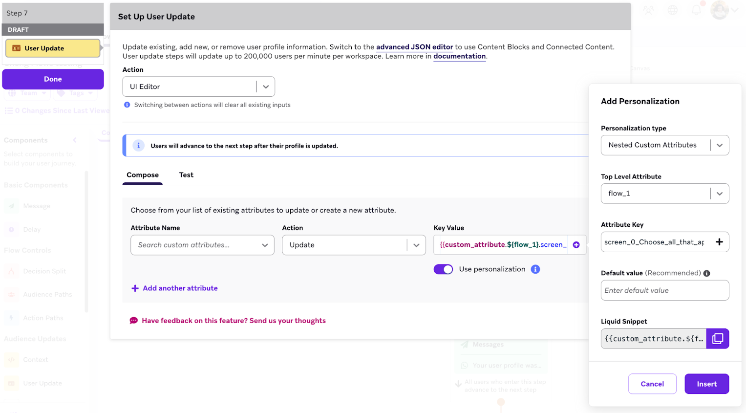User Update step with a Nested Custom Attributes personalization.