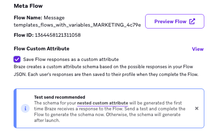 Meta Flow section with a checkbox to save Flow responses as a custom attribute.