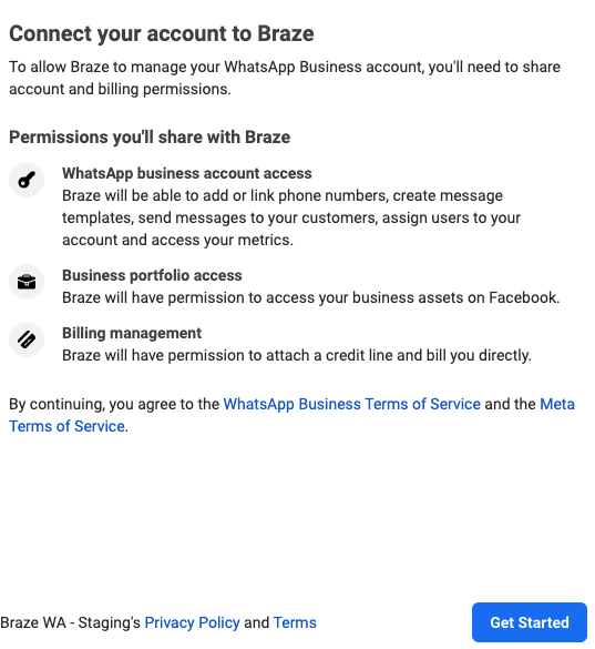 List of permissions that you'll share with Braze for the integration.