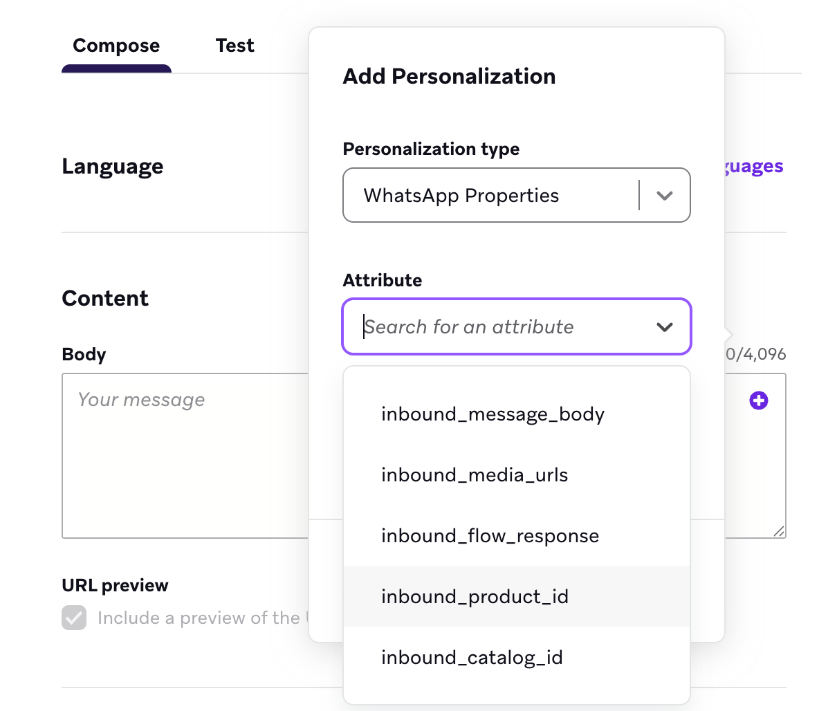 "Add Personalization" window with a personalization type of "WhatsApp Properties" and a highlighted attribute of "inbound_product_id".