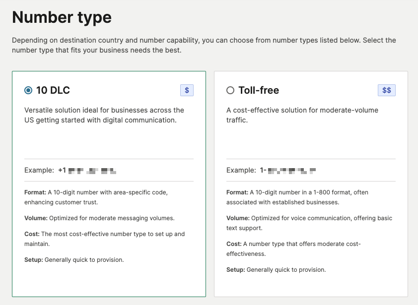 A page asking for you to select the number type: either 10 DLC or toll-free.