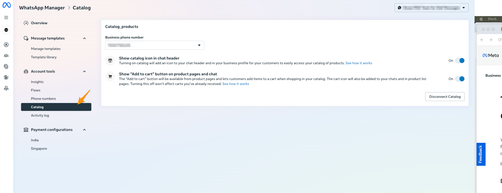 WhatsApp Manager settings page for the "Catalog_products" catalog.