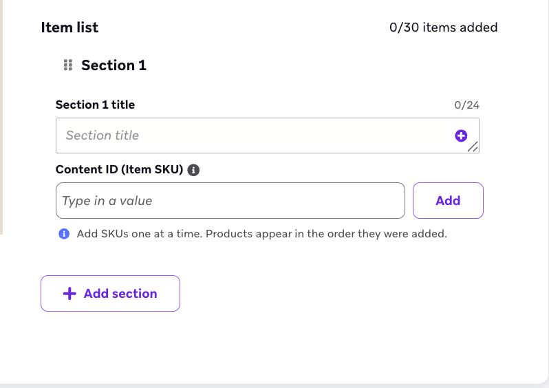 Item list with fields to enter your section titles and content ID.