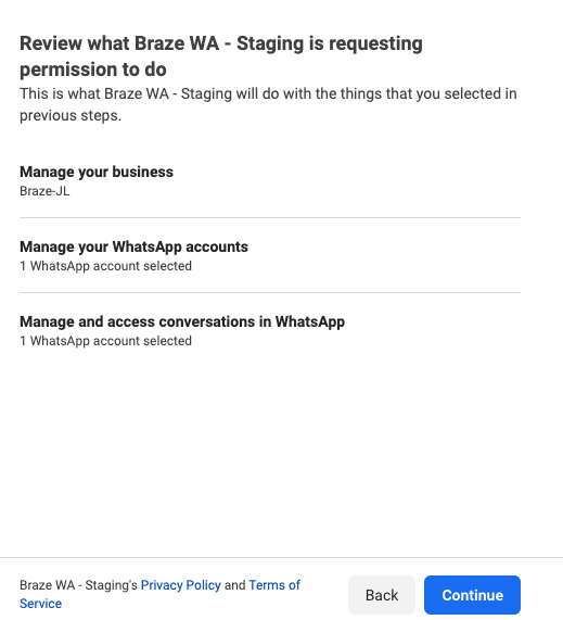 List of permissions requested by the WhatsApp Business account.