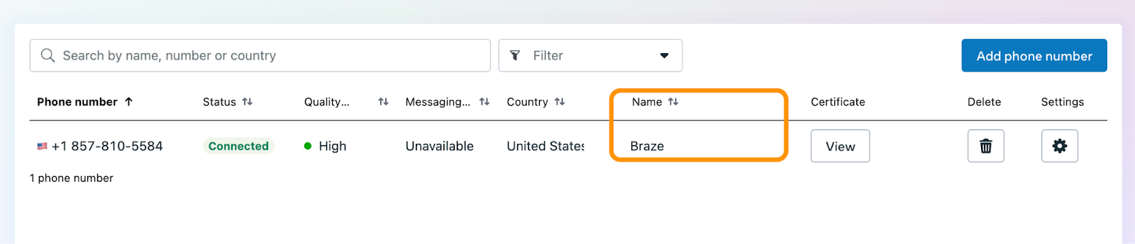 The WhatsApp Business Manager's Phone Numbers page with a display name of "Braze" listed next to a phone number.