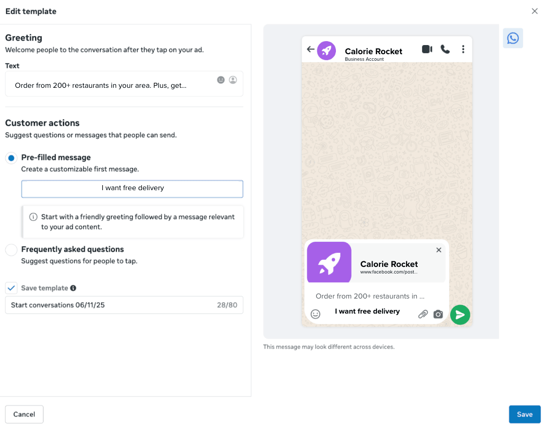Ads Manager template composer with a pre-filled message of "I want free delivery".
