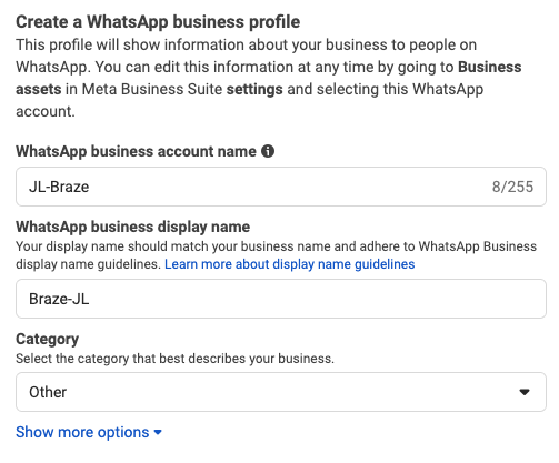 Fields to provide details for the new WhatsApp Business account.