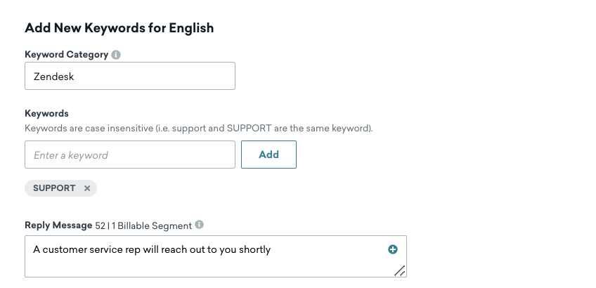 An example SMS keyword category in Braze.