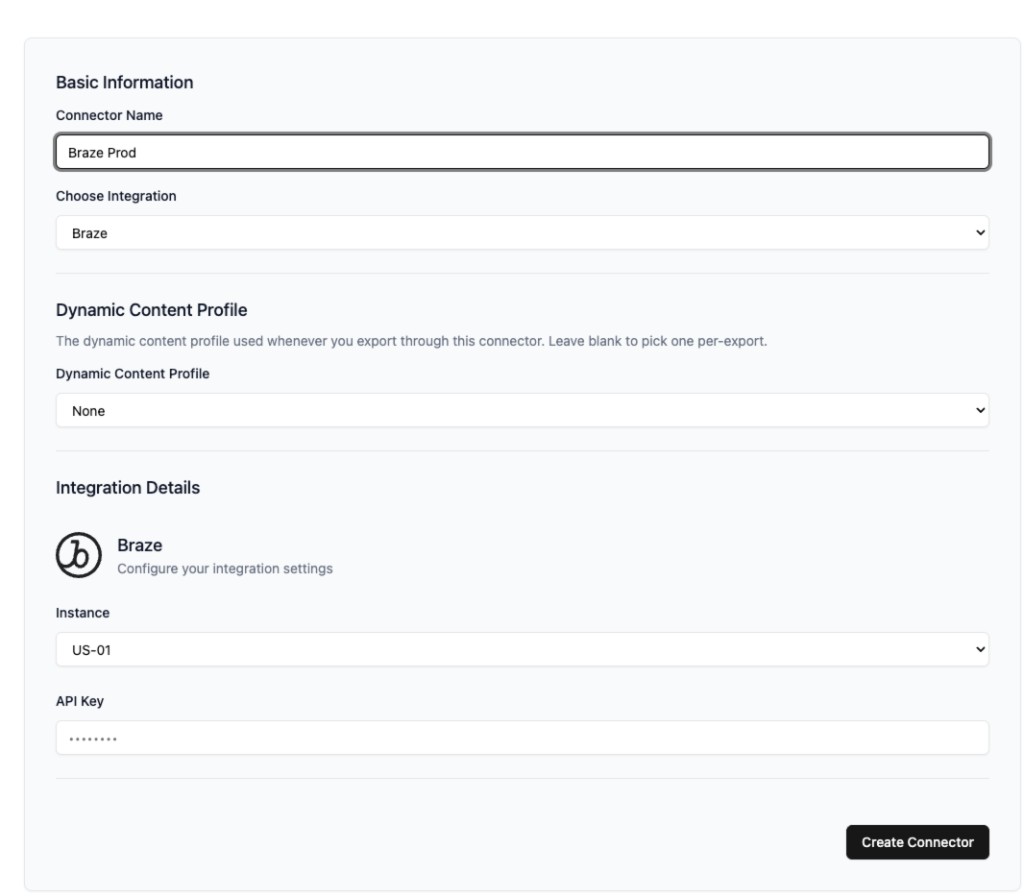EmailShepherd connector form with Braze instance and API key fields