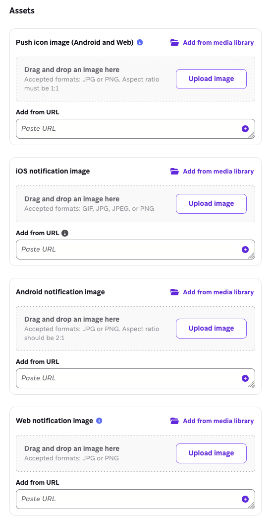 Assets section of the single editing view with fields for Push Icon Image, iOS notification image, Android notification image, and Web notification image.