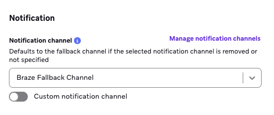 Android push composer with Manage Notification Channels and a list of configured channels.