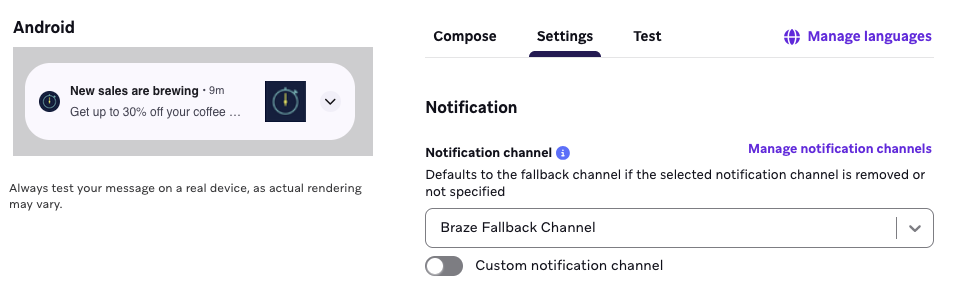 Push notifications channels composer.