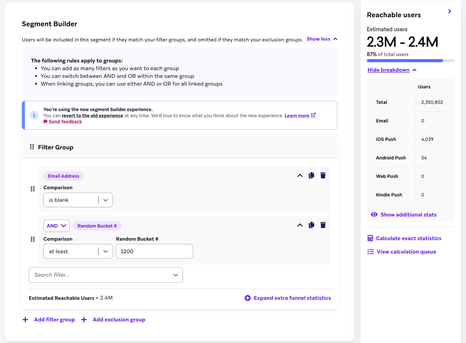 The "Reachable users" panel stating there are 2.3M—2.4M estimated users.