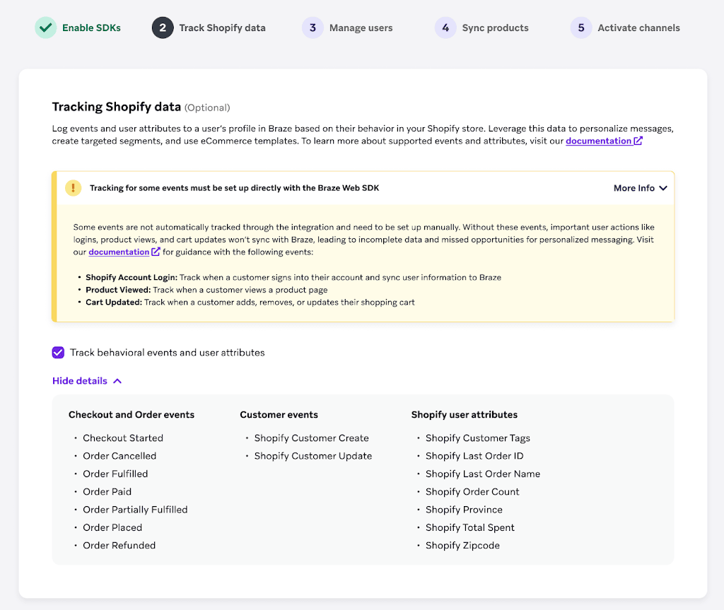 Étape de configuration pour le suivi des données de Shopify.