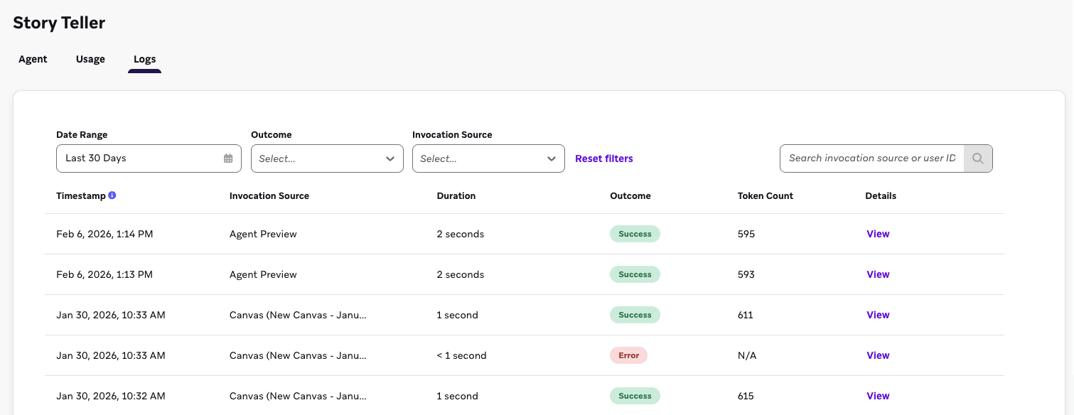 Journaux d'un agent Story Teller, qui indiquent quand et où l'agent a été appelé.