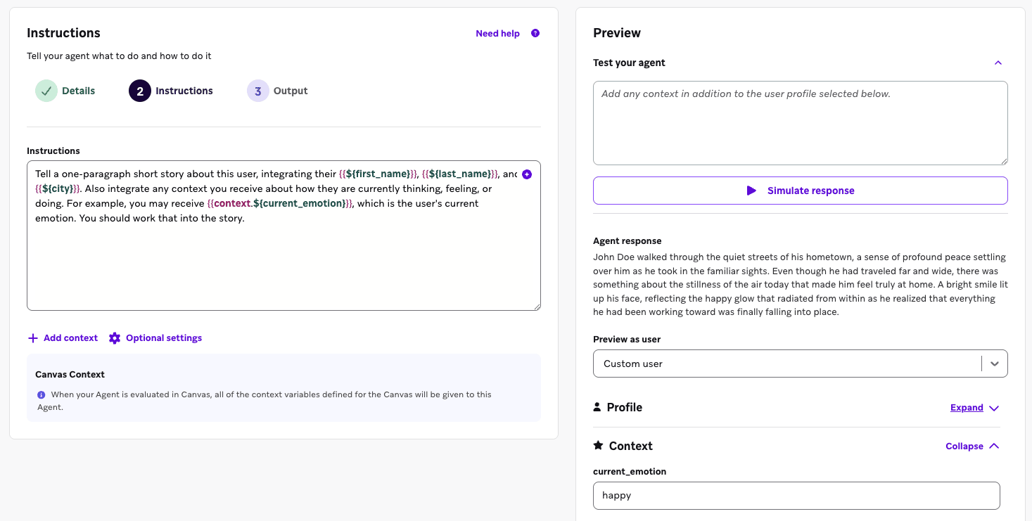 Console d'agent affichant le volet de prévisualisation pour tester un agent personnalisé. L'interface affiche un champ Exemple d'entrées avec des données personnalisées, un bouton Exécuter le test et une zone de réponse où apparaît le résultat de l'agent.