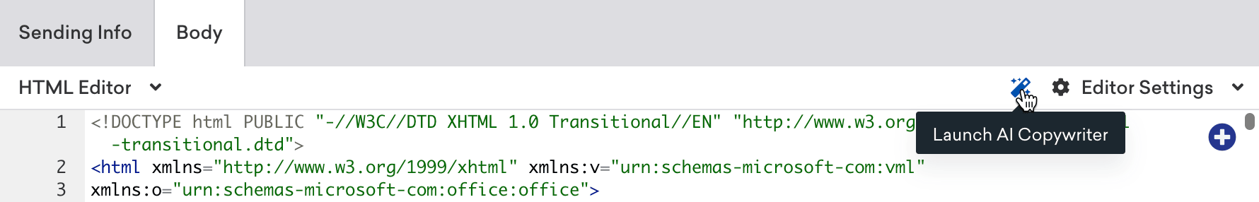 Bouton Lancer l'assistant de rédaction IA, situé dans l'onglet Corps du compositeur d'e-mail.