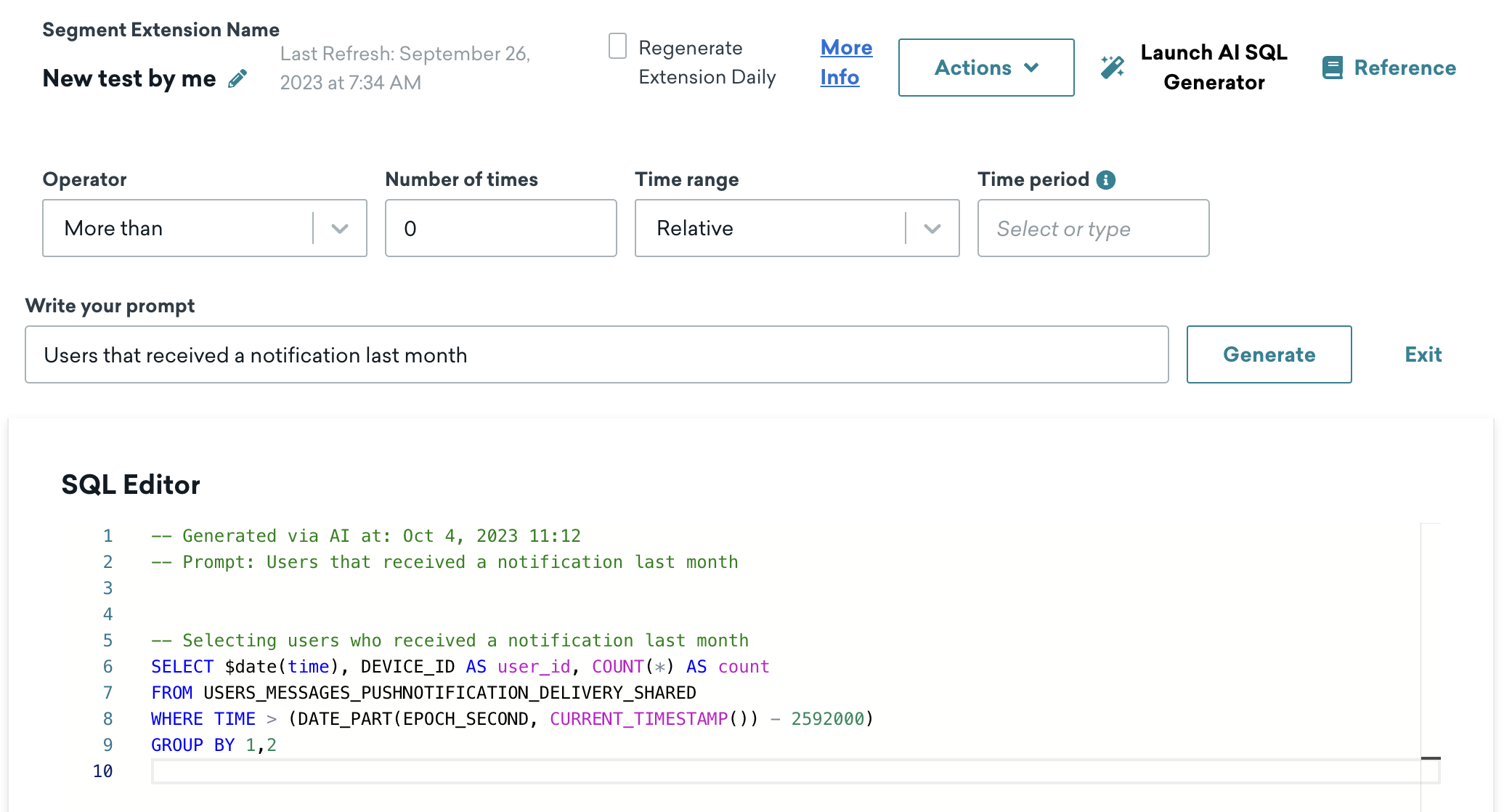 Générateur SQL basé sur l’IA, avec l'invite « Utilisateurs ayant reçu une notification au cours du mois passé »