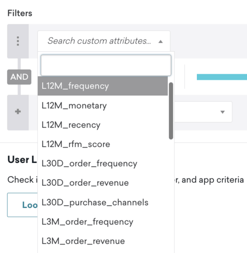 Liste déroulante d'attributs personnalisés tels que "l12m_frequency" et "l12m_monetary".