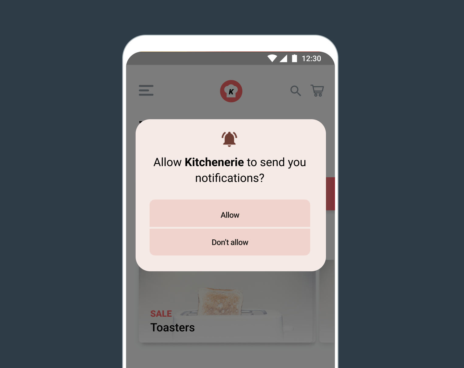 Message d’autorisation des notifications push sous Android demandant « Autoriser Kitchenerie à vous envoyer des notifications ? » avec deux boutons, « Autoriser » et « Ne pas autoriser » au bas du message.