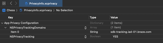 Le fichier PrivacyInfo.xcprivacy s'ouvre avec un endpoint de suivi Braze répertorié sous « NSPrivacyTrackingDomains ».
