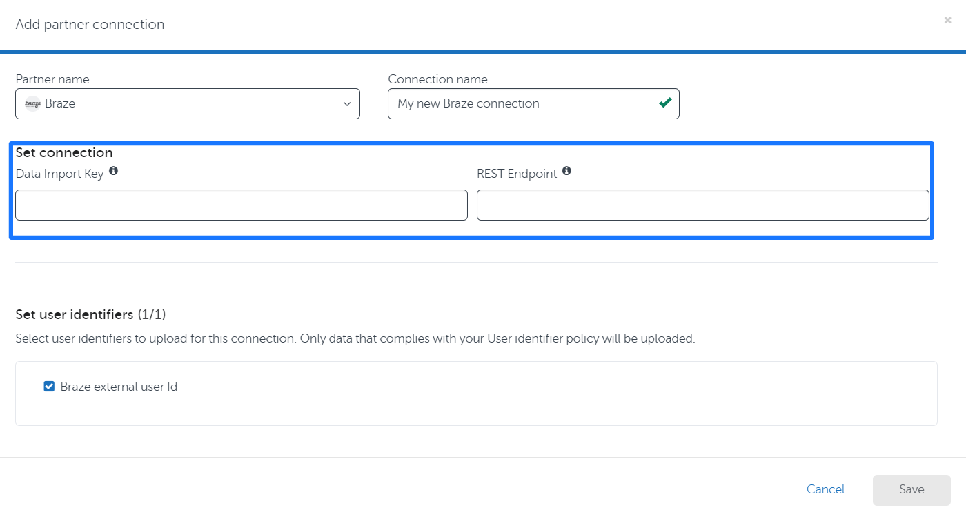 La page de configuration de la connexion des partenaires de la plateforme d'audiences AppsFlyer. La partie inférieure des images montre que la case ID externe Braze est cochée.