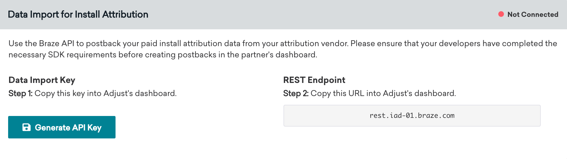 Cette image montre la boîte "Importation de données pour attribution d'installation" disponible dans la page de la technologie Adjust. Dans cette zone, vous pouvez voir la clé d'importation des données et l’endpoint REST.