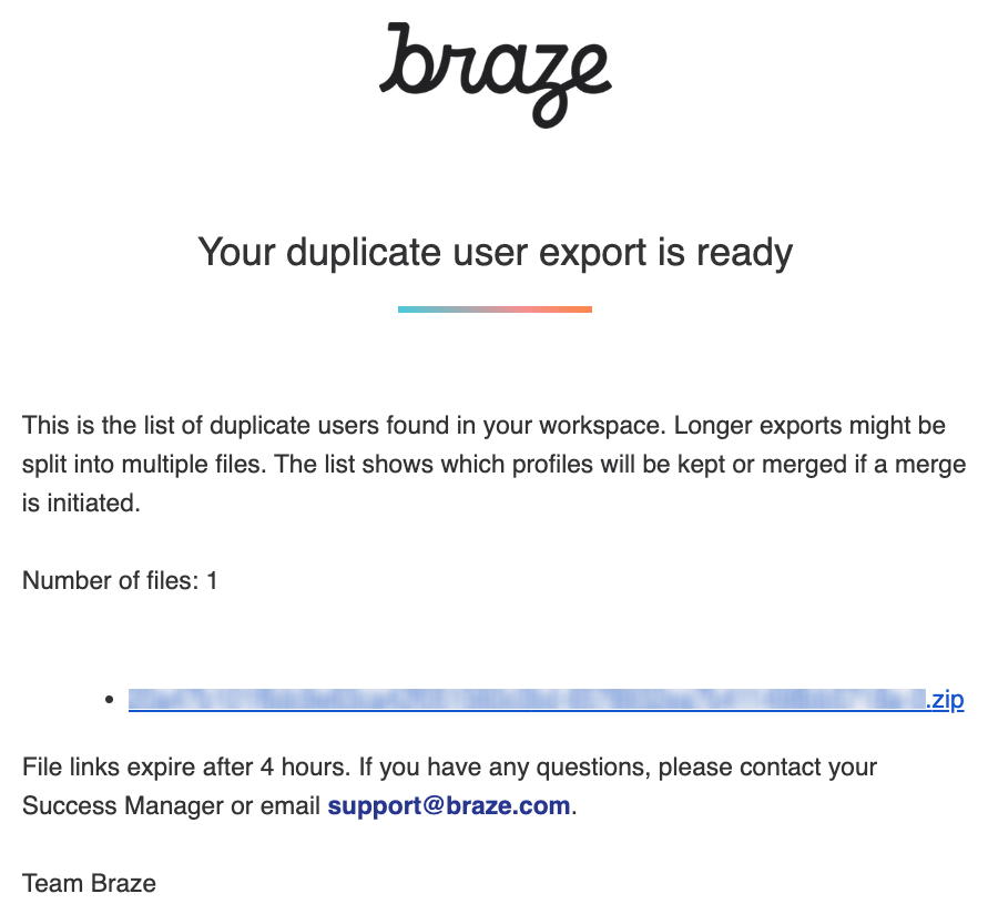 Un e-mail de Braze contenant un lien vers le fichier CSV généré.