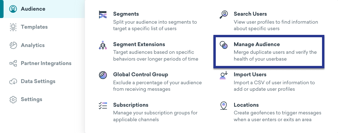 Vignette « Gérer l'audience » mise en évidence dans le menu de navigation.