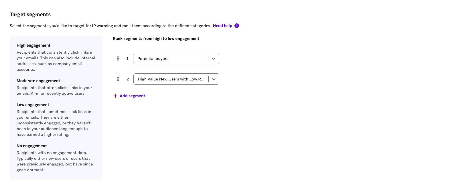 Deux segments sélectionnés à cibler pour le réchauffement d'adresses IP automatisé.