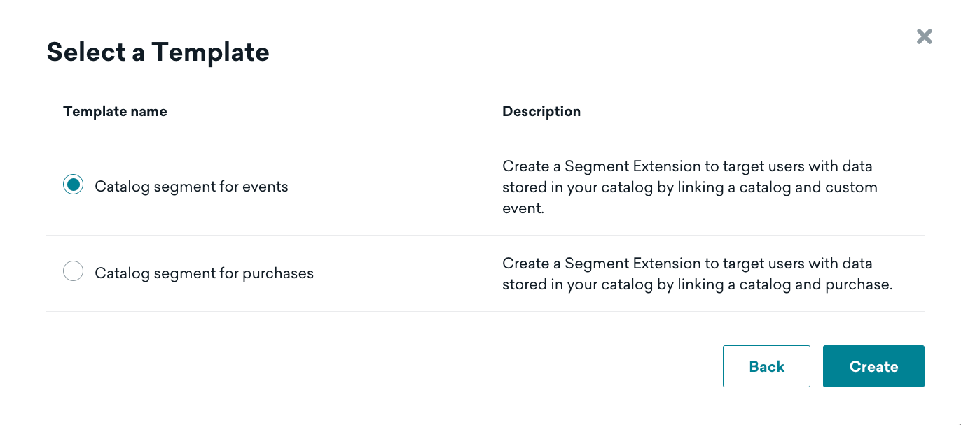 Modale "Select a Template" avec options de segmentation du catalogue pour les événements ou les achats.