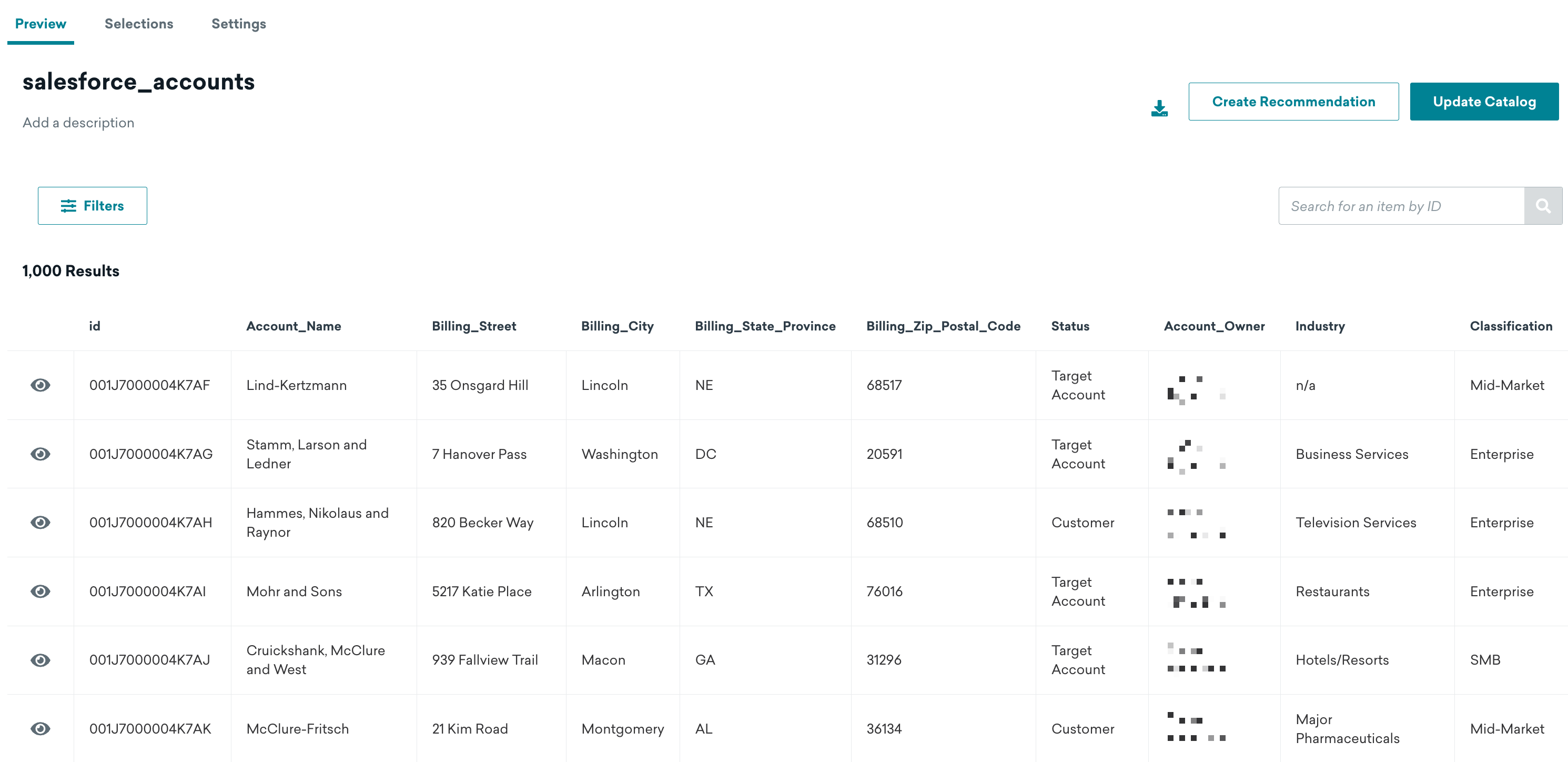 Tableau des comptes Salesforce avec les informations correspondantes, telles que l'adresse de facturation et le propriétaire du compte.