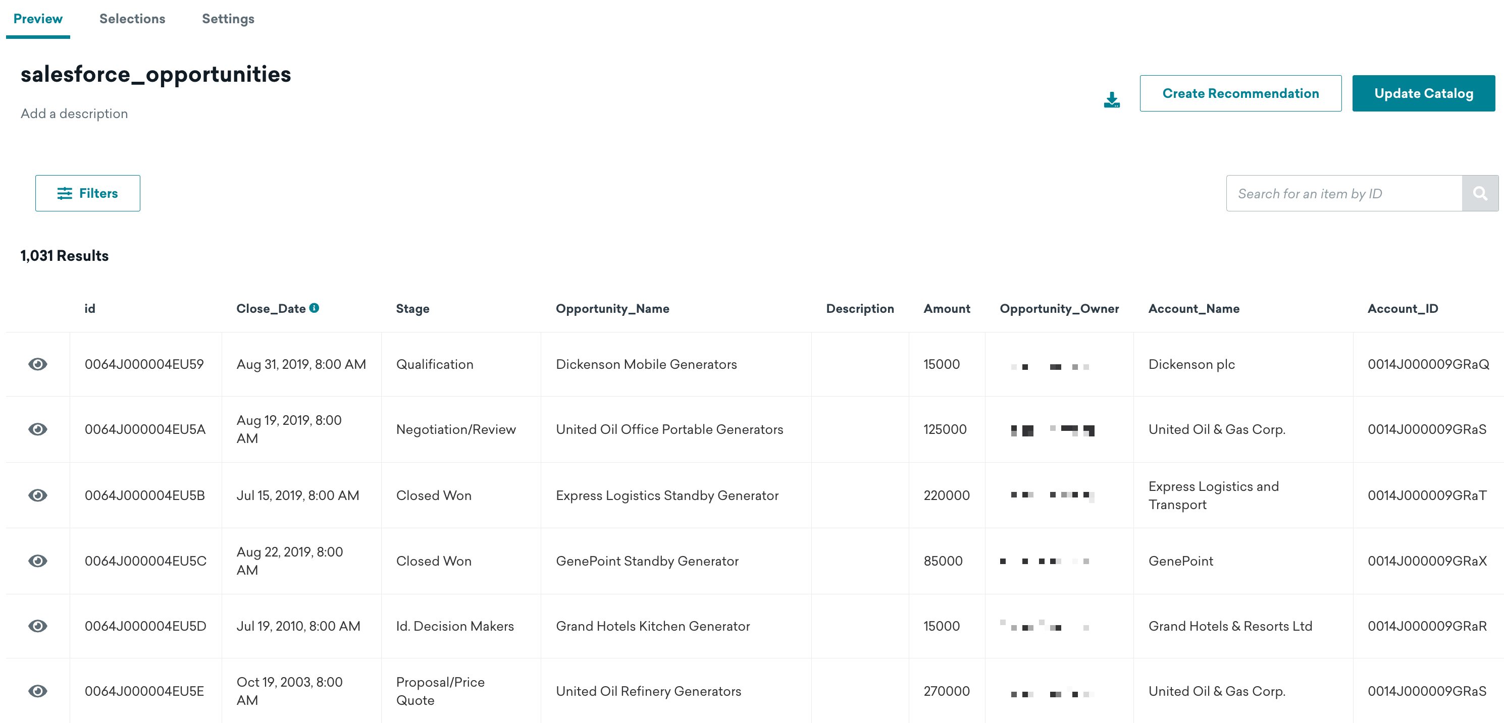 Tableau des opportunités Salesforce avec les informations correspondantes, telles que l'adresse de facturation et le propriétaire du compte.