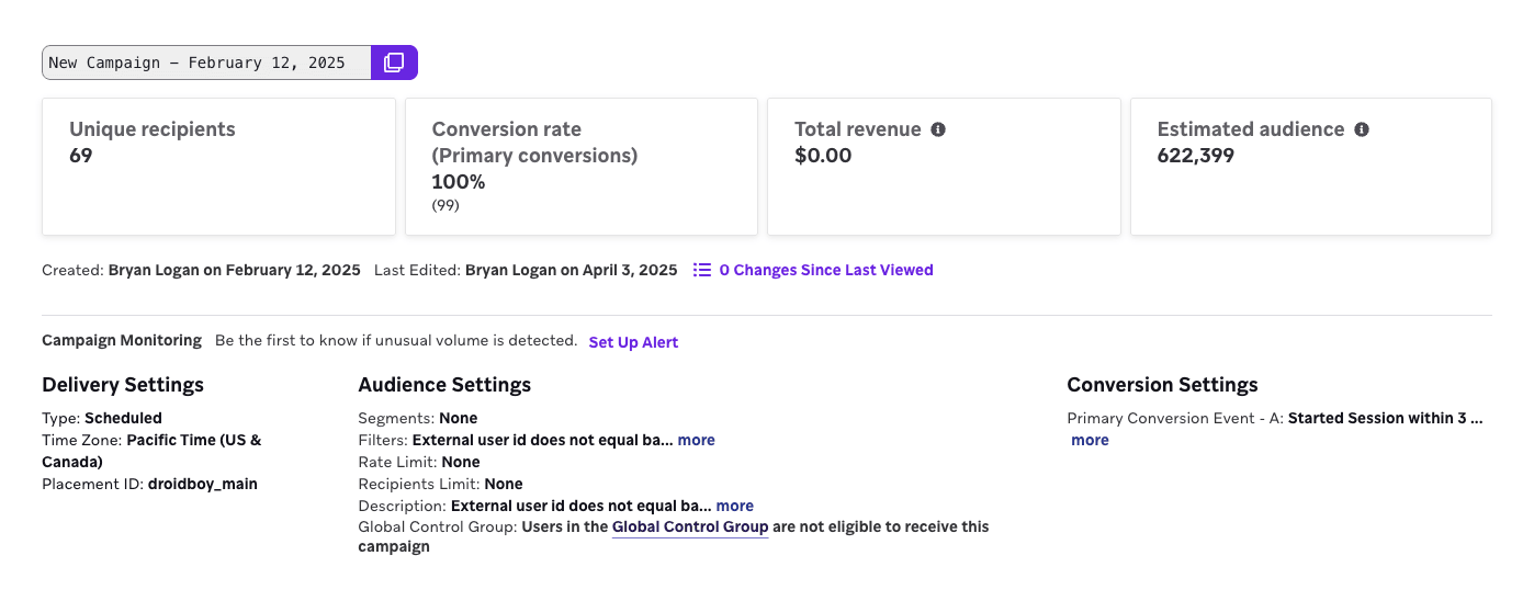 Panneau Détails de la campagne avec un aperçu des indicateurs utilisés pour déterminer les performances de la campagne.