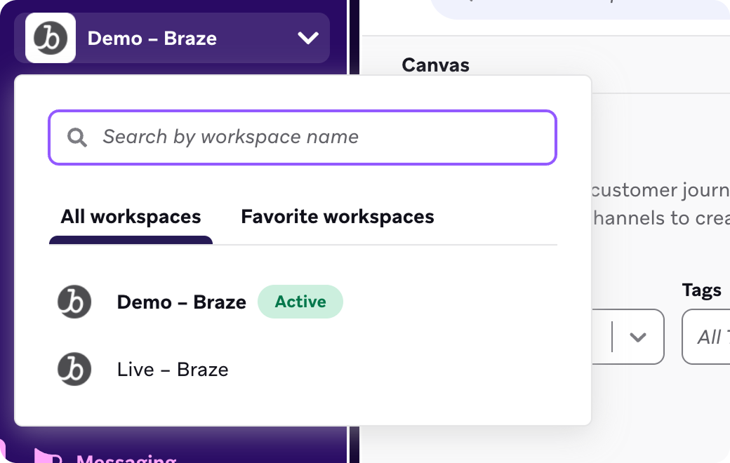 Le menu déroulant de l'espace de travail dans le tableau de bord de Braze avec "Demo - Braze" sélectionné comme espace de travail actif.