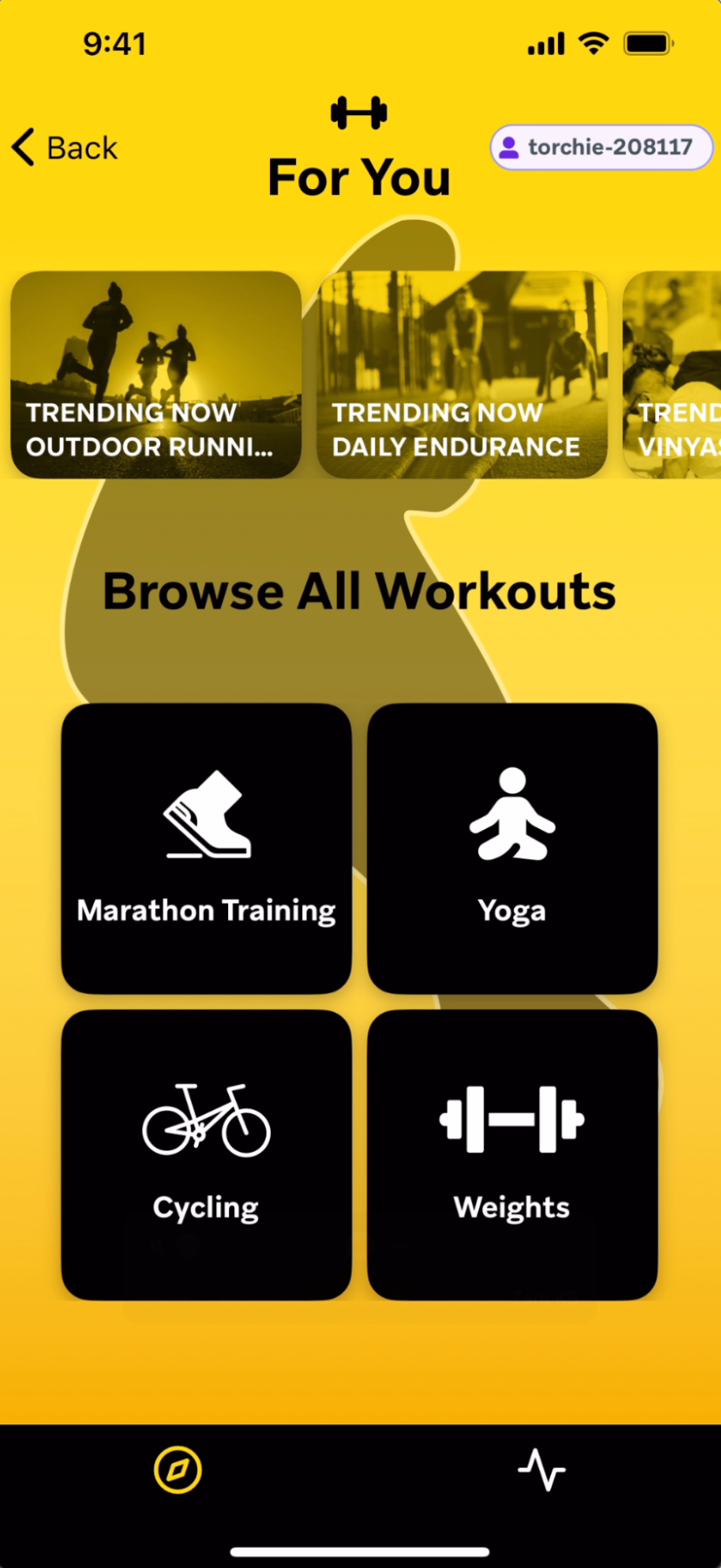 La page d'accueil de Steppington avec des icônes pour l'entraînement au marathon, le yoga, le cyclisme et les poids.