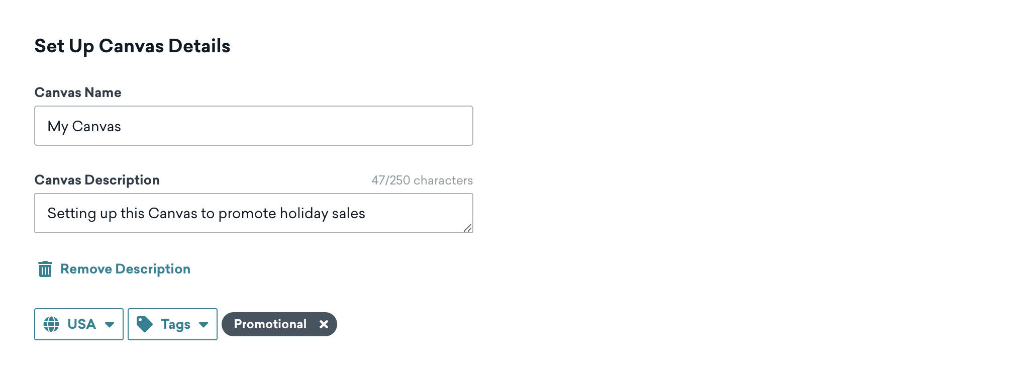 La page de détails du Canvas, avec des champs pour le nom du Canvas, la description, l'emplacement et les étiquettes.