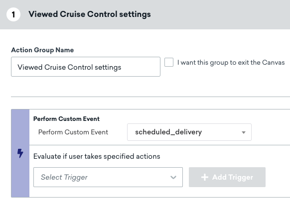 Le nom du groupe d'action est "Used Feature >3x" et l'événement personnalisé "Perform Custom Event" est "scheduled_delivery".