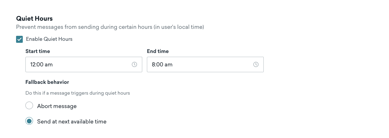 Section "Heures calmes" avec une heure de début à 12 heures et une heure de fin à 8 heures.