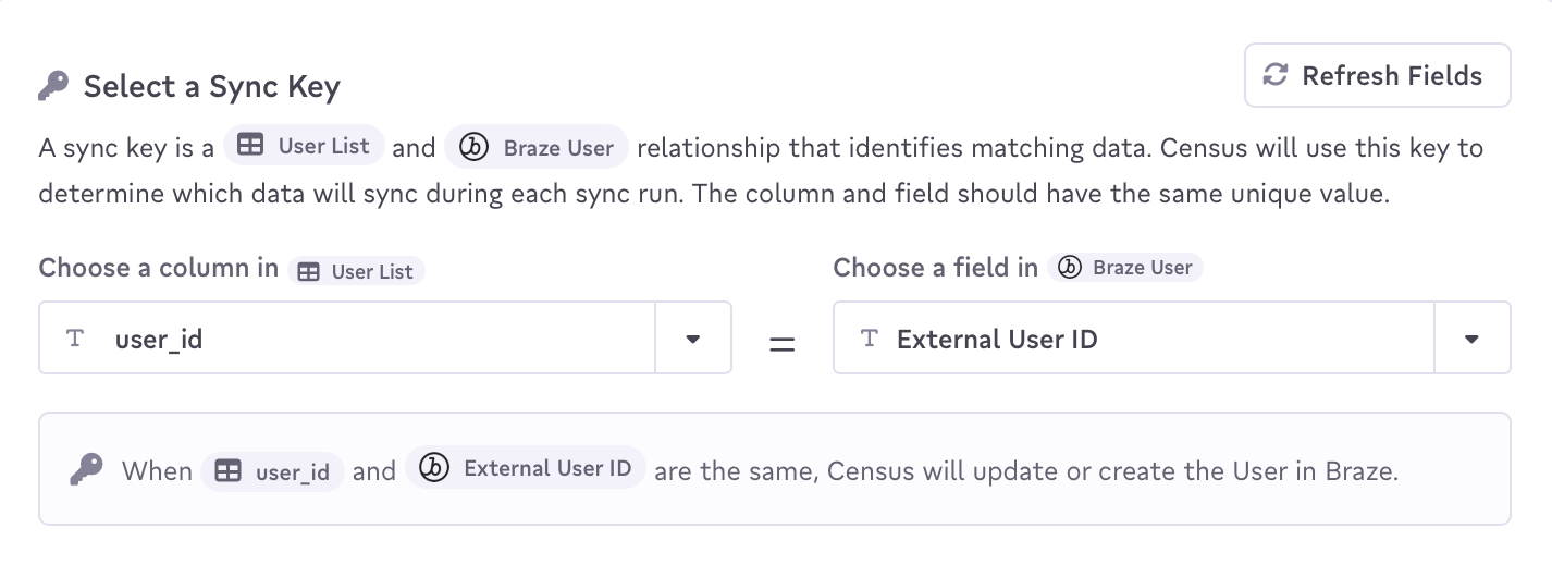 Dans l'invite "Sélectionner une clé de synchronisation", le paramètre "External User ID" de Braze correspond au paramètre "user_id" dans la source.