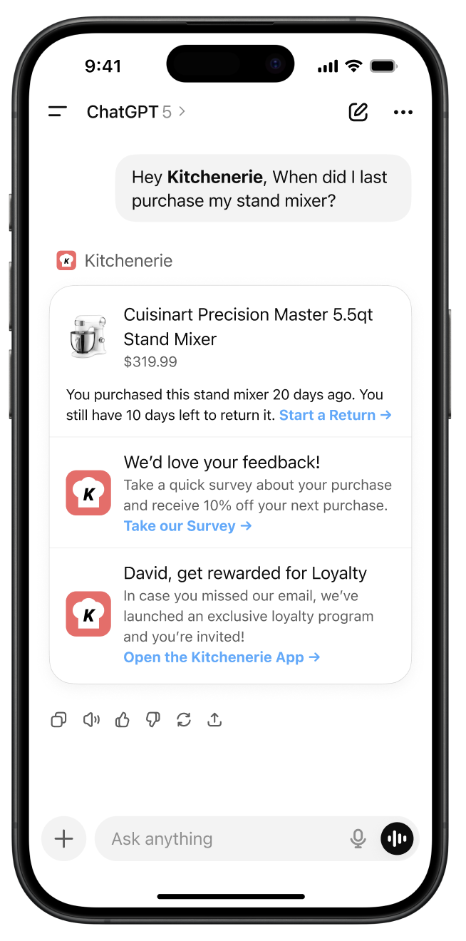 Une carte de contenu intégrée à l'application ChatGPT.