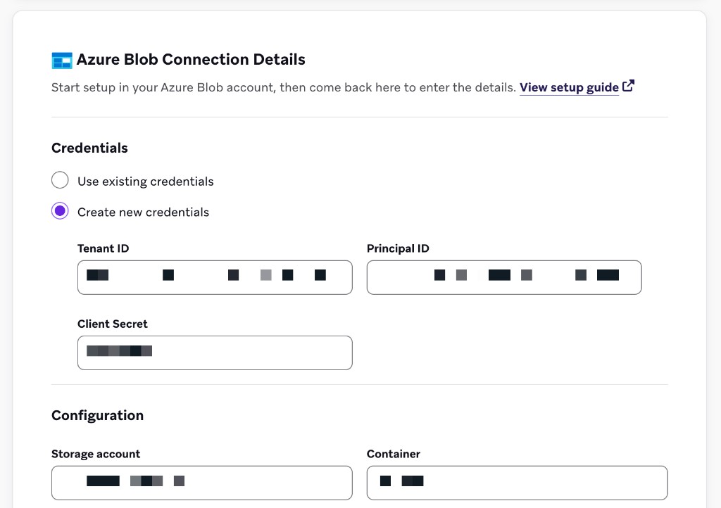 Le formulaire Azure Blob Connection Details affichant les champs Tenant ID, Principal ID, Client Secret, Storage account et Container.