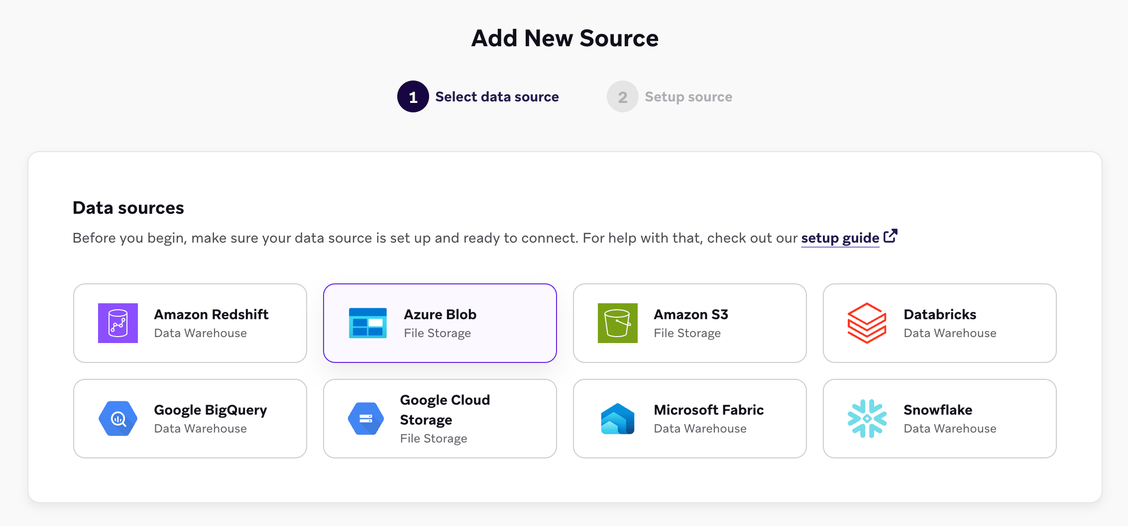 L'écran « Add New Source » avec Azure Blob sélectionné dans la liste des sources de données.