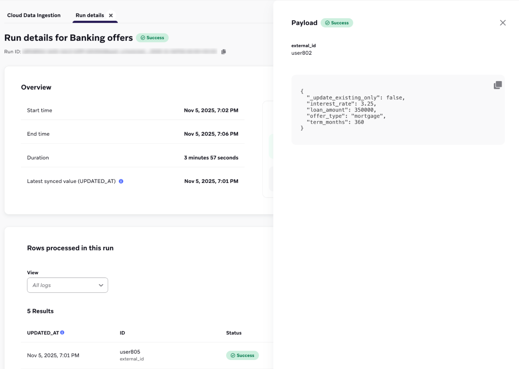 Exemple de charge utile pour une ligne spécifique dans un journal de synchronisation.