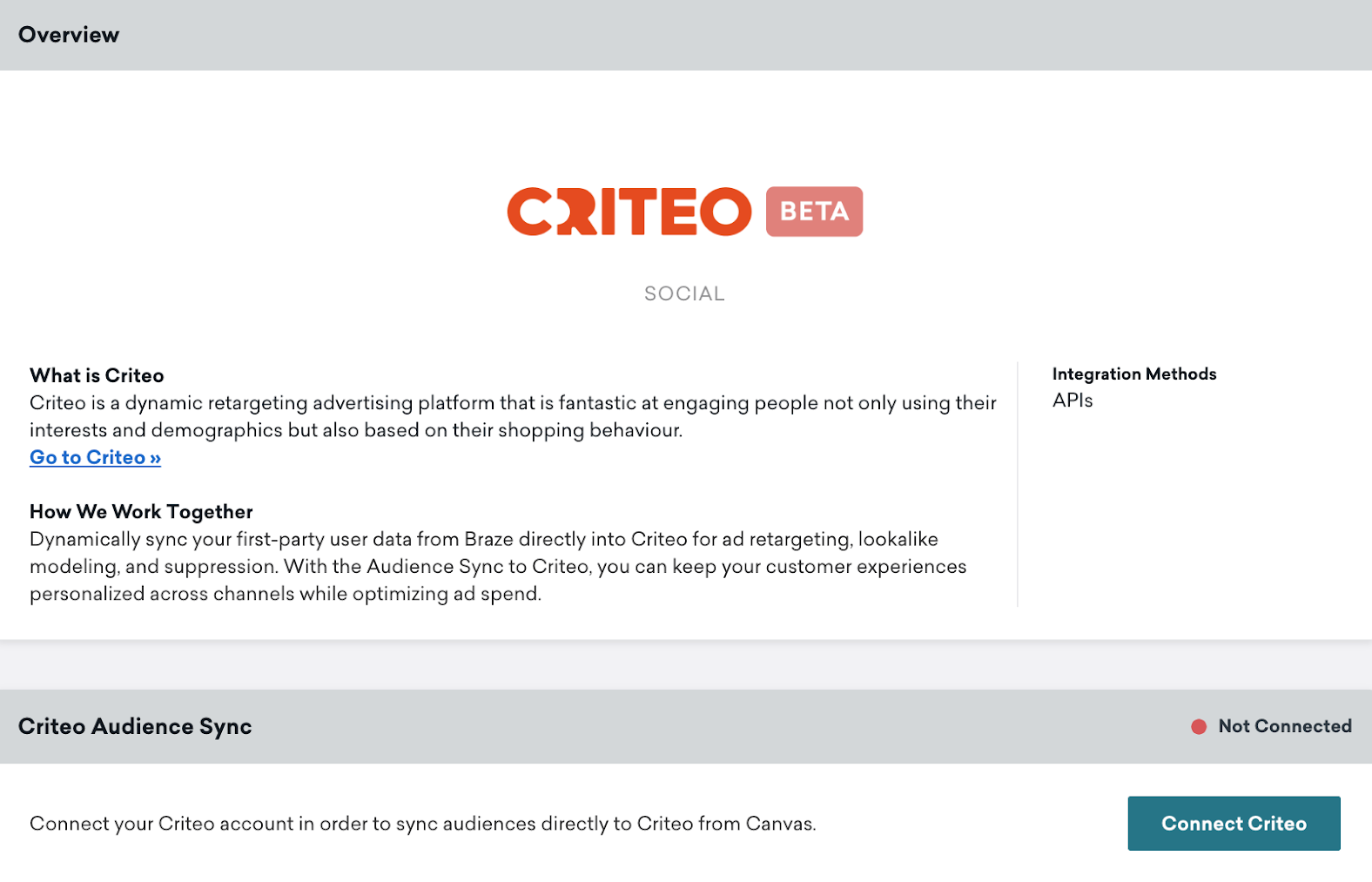 Page de la technologie Criteo dans Braze qui comprend une section Aperçu et une section Criteo avec le bouton Connected Criteo.