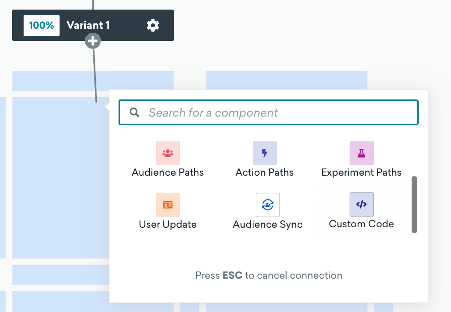 Flux de travail des étapes précédentes pour ajouter un composant d’audience Criteo dans Canvas Flow.