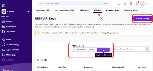 Page des clés API REST de Braze avec le bouton Créer une clé API et le contrôle de copie de l'endpoint REST.