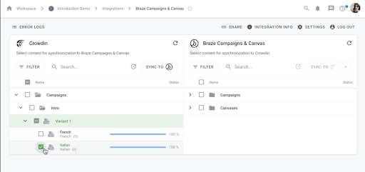 Panneaux Crowdin et Braze Campaigns & Canvas avec des dossiers pour les campagnes et les locales, Synchroniser avec Braze et Synchroniser avec Crowdin.