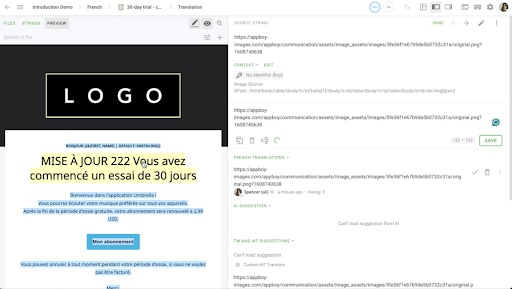 Onglet Aperçu de l'éditeur Crowdin affichant le HTML d'e-mail localisé et les chaînes de caractères traduisibles.